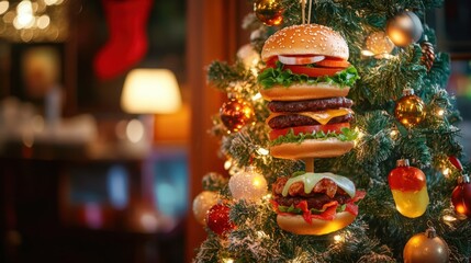 Naklejka premium A Christmas tree sparkles with lights and whimsical burger decorations, celebrating a quirky, festive food theme.