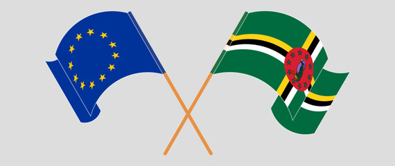 Crossed and waving flags of the European Union and Dominica. Vector illustration