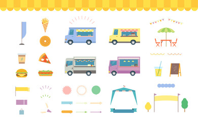 フードトラックで食べ物を販売しているイラスト。キッチンカーが集まったフェスティバル。ハンバーガーやホットドッグ、コーヒーなどのストリートフードを提供する移動販売車のセット。