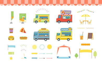 フードトラックで食べ物を販売しているイラスト。キッチンカーが集まったフェスティバル。ハンバーガーやホットドッグ、コーヒーなどのストリートフードを提供する移動販売車のセット。