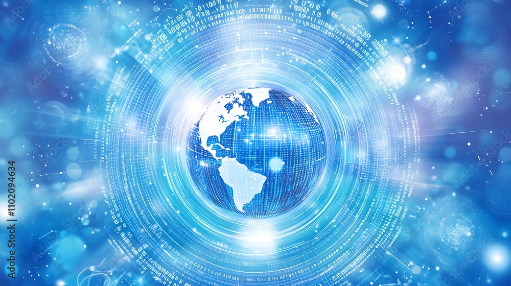 Poster digital globe showcasing swirling data patterns surrounding the earth in a futuristic design