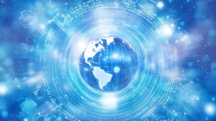 Obraz premium Digital globe showcasing swirling data patterns surrounding the Earth in a futuristic design