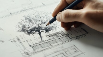 A creative blueprint of an abstract tree emerges under the focused sketching of a dedicated architect's hands.