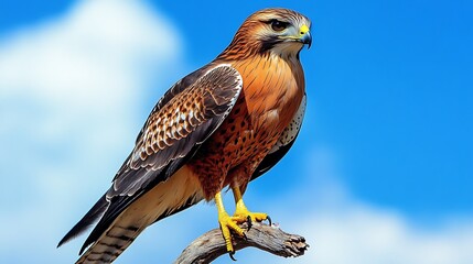 Fototapeta premium A majestic hawk perched on a branch against a blue sky.