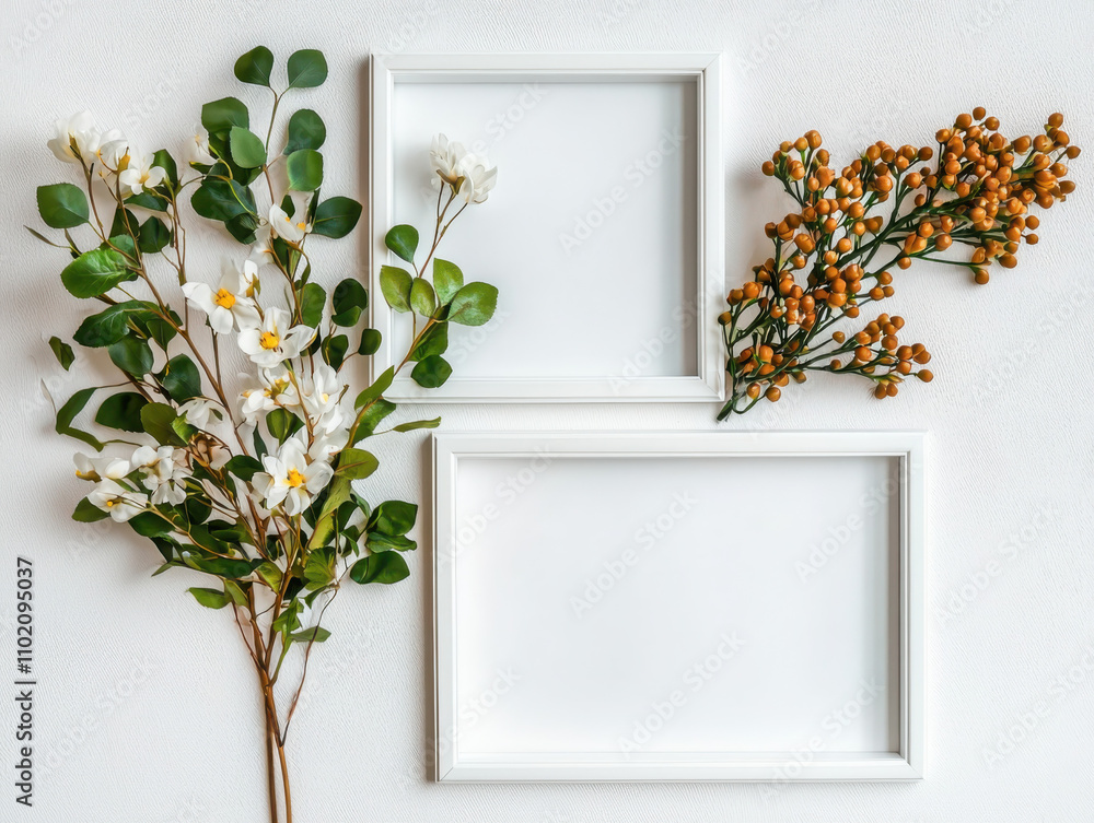 Poster creating a modern memory board with decorative white frames and delicate flower arrangements in a br