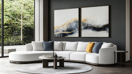 Create a modern wall art template for a three-frame composition featuring a curved sofa design in a contemporary living room environment