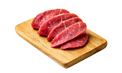 Fresh beef slices on wooden cutting board, showcasing vibrant red color and marbling. Perfect for culinary presentations or recipes