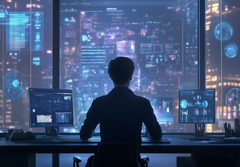 Fototapeta premium Business professional analyzing data on multiple screens in a modern office environment at night