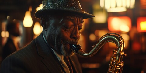  senior african american musician plays saxophone in dimly lit jazz club. image captures the atmosphere of live music. for websites, articles, or advertisements related to music, nightlife,

