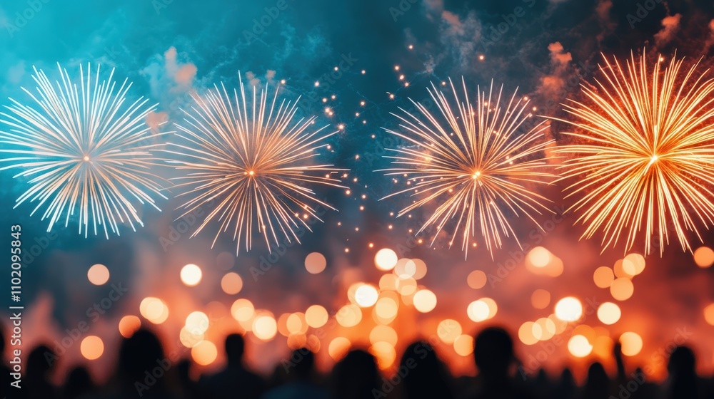 Aufkleber crowd watching colorful fireworks exploding in night sky during festive celebration