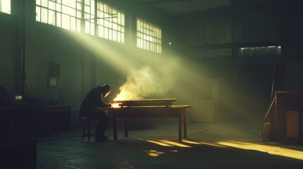Craftsman welding metal table in shadowy workshop, sunbeams illuminate dust.