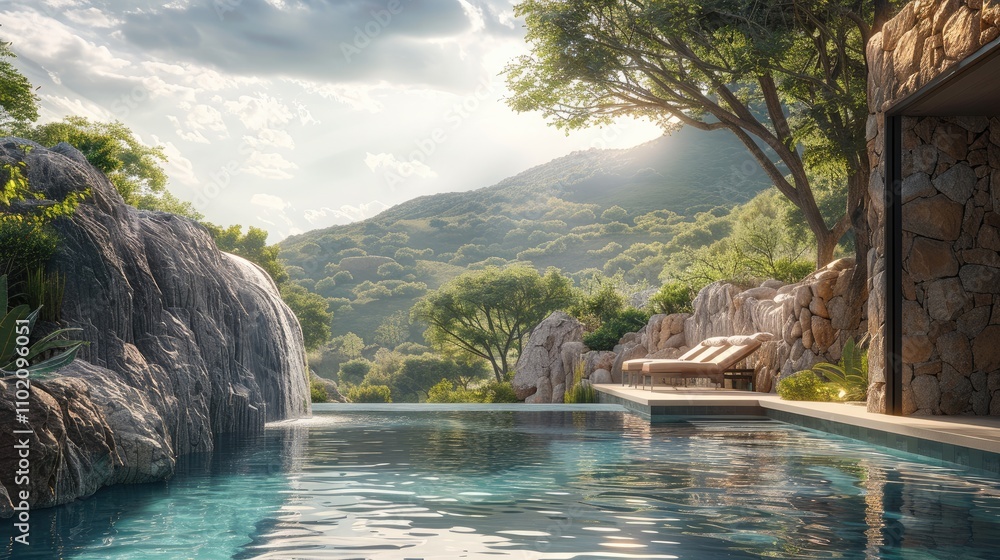 Poster the outside area needs more rugged landscape such as a pool with rock.
