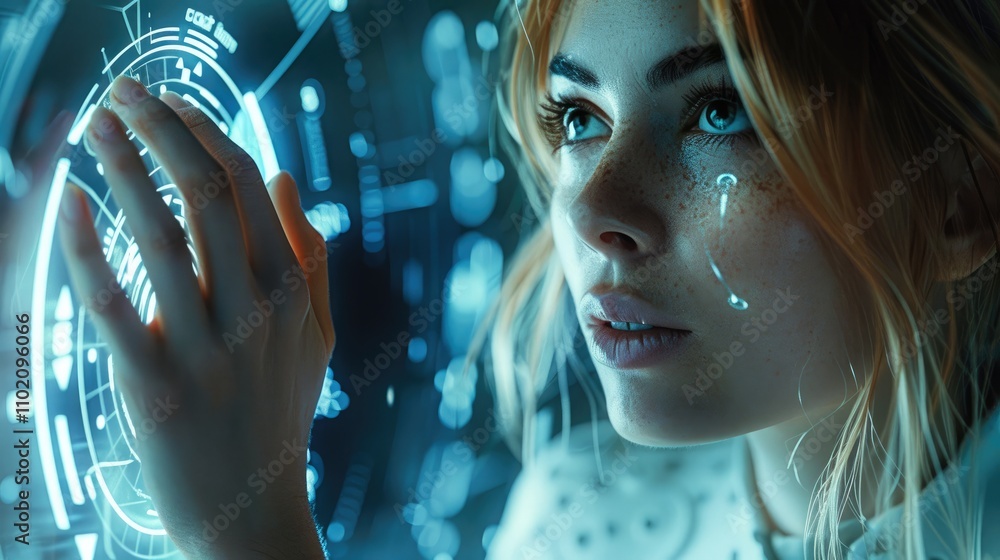 Poster a woman manipulating the holographic security process of a futuristic high-tech security system.