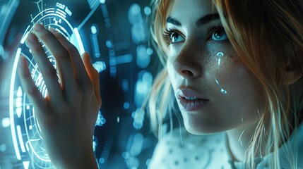 A woman manipulating the holographic security process of a futuristic high-tech security system.