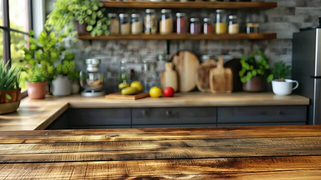 Empty wooden table top in blurred modern kitchen interior background, product display concept. Created with generative AI