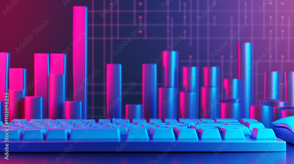 Poster a stylized image of a computer keyboard with glowing neon blue and pink bar graphs in the background