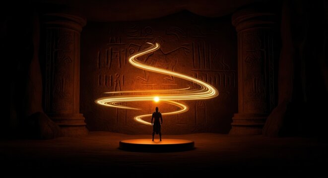 Mysterious adventurer exploring ancient tomb with glowing hieroglyphs