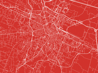 Christmas Map of Reggio, Italy in Snowy White on Festive Red Background.