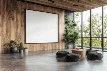 Showcasing studio interior visualization with blank frame mockup and sculptural wood accent tables in a contemporary setting
