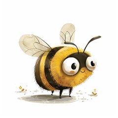A cute and whimsical illustration of a bee, highlighting its fluffy body and large expressive eyes.