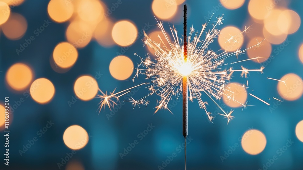 Poster bright sparkler burning with festive bokeh lights in background for new year's eve