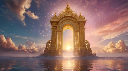 A glowing celestial portal framed by angelic wings