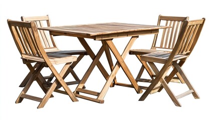 Wooden Table Set in Summer Garden with Four Folding Chairs