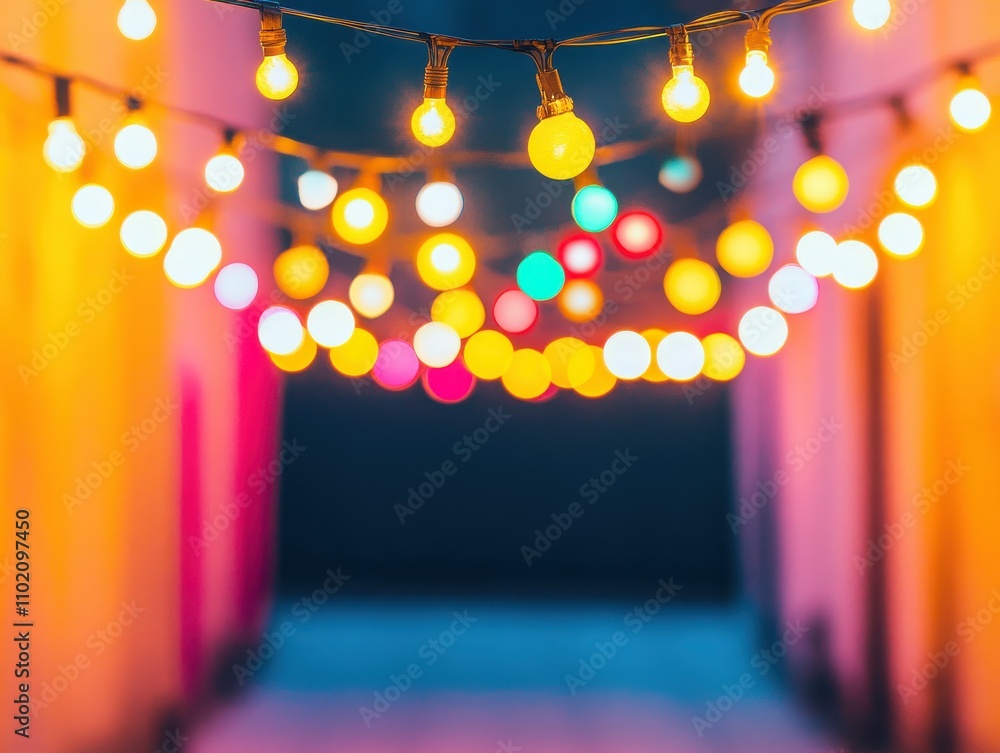 Poster a vibrant display of colorful lights illuminating a pathway, creating a warm and inviting atmosphere