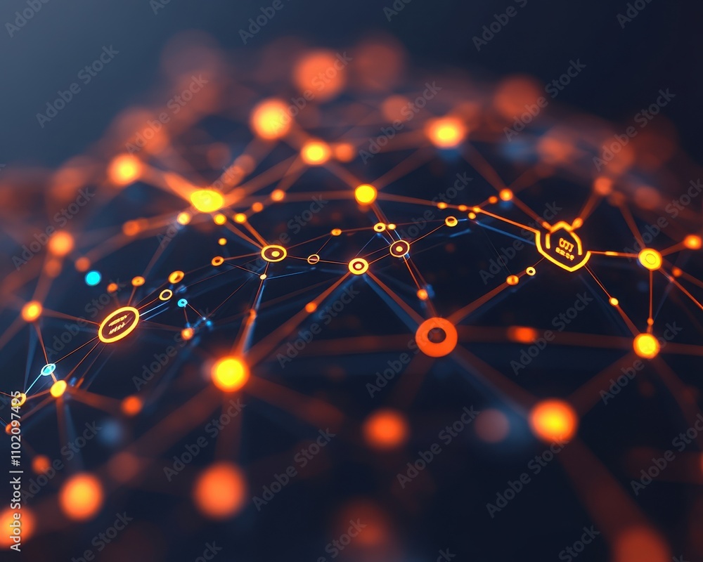 Poster abstract network visualization with glowing nodes and connections, representing technology, communic