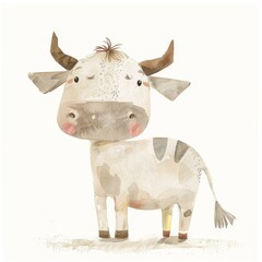 A cute, whimsical illustration of a cow with a playful expression and soft colors, perfect for children's decor or farm-themed designs.