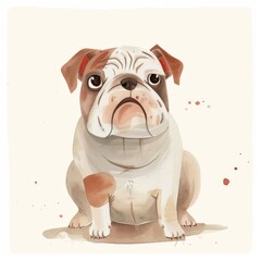 A cute, cartoon-style illustration of a bulldog sitting down, showcasing its adorable features and playful expression.