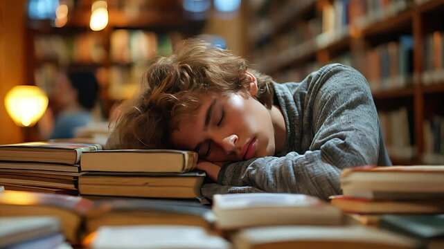 Boy taking a nap while studying in the library. Created with Generative AI.	
