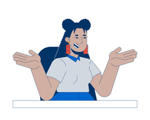 Business casual latina woman shrugging smiling at desk 2D cartoon character. Unbothered careless female hispanic young adult isolated person flat vector on white background. Spot illustration colorful