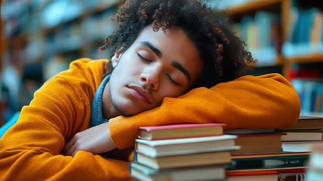 Boy taking a nap while studying in the library. Created with Generative AI.	
