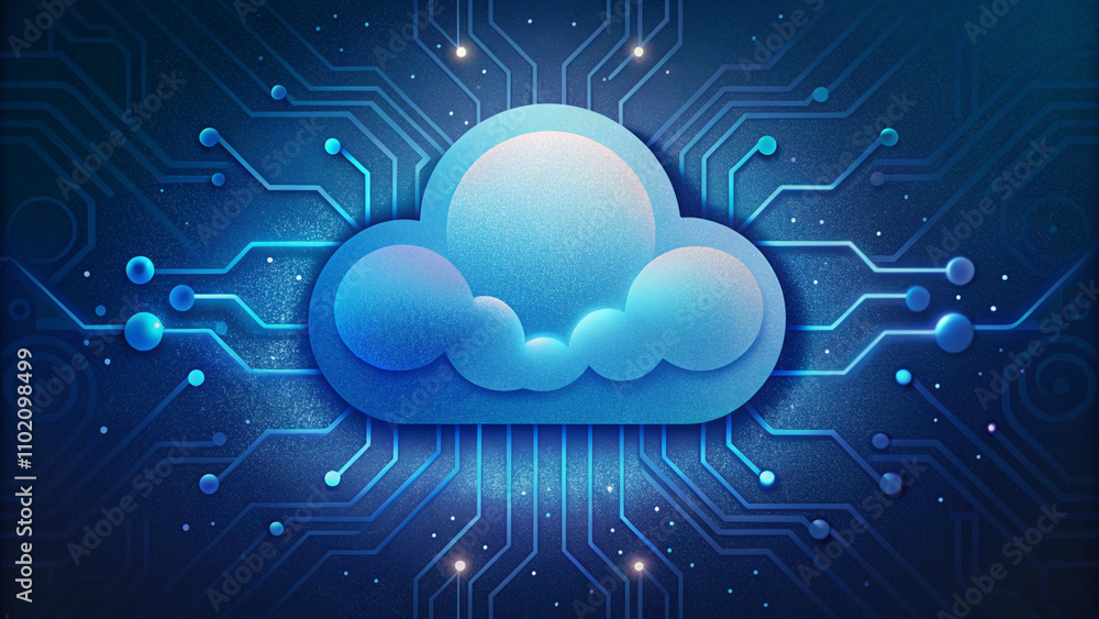 Poster glowing digital cloud icon hovering above intricate circuitry design representing data storage techn