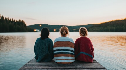Fototapeta premium Friends watching fireworks on a lakeside dock at sunset: new year's eve celebration