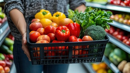 Person holding a crate of fresh produce in a supermarket.