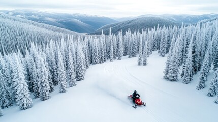 A snowmobiler speeds across a pristine, snowy landscape, weaving between tall, frosted pines in the mountains on a chilly winter day. The vastness of nature is evident