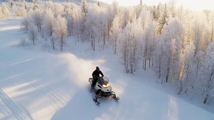 A snowmobiler speeds across a pristine, snowy landscape, weaving between tall, frosted pines in the mountains on a chilly winter day. The vastness of nature is evident