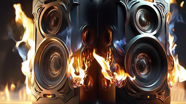 speakers surrounded by fire, burning speaker. Created with generative AI.
