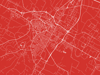 Christmas Map of Forli, Italy in Snowy White on Festive Red Background.
