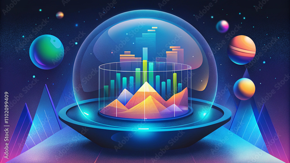 Poster futuristic data analysis display featuring graphs and holographic elements in a cosmic environment