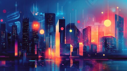 Create a wallpaper featuring a tech-inspired cityscape with abstract elements, representing innovation and digital transformation.