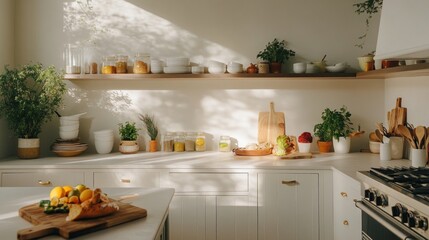 Sunlit modern kitchen with open shelving, herbs, and fresh produce.