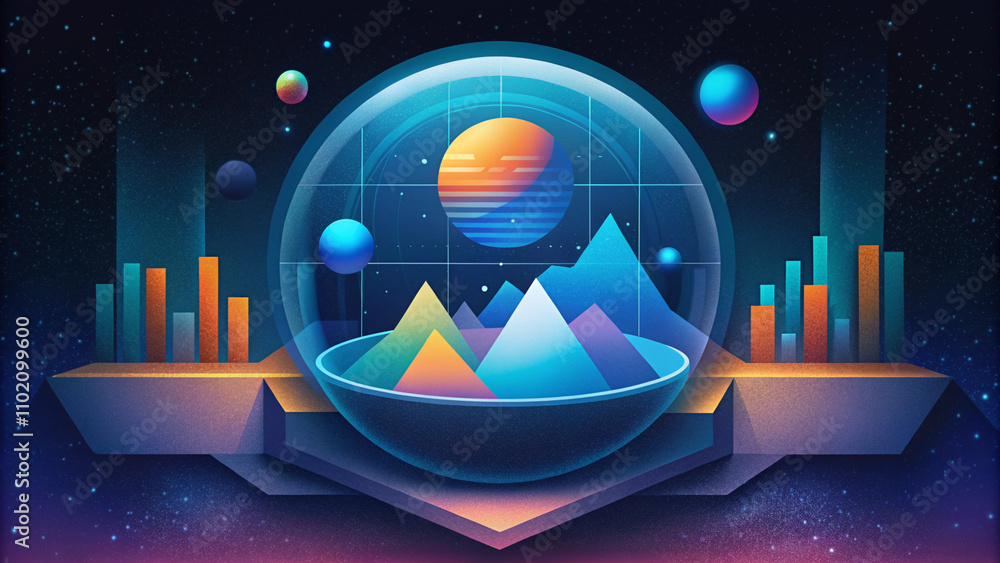 Poster futuristic data analysis screen displays colorful graphs and celestial elements in a digital landsca