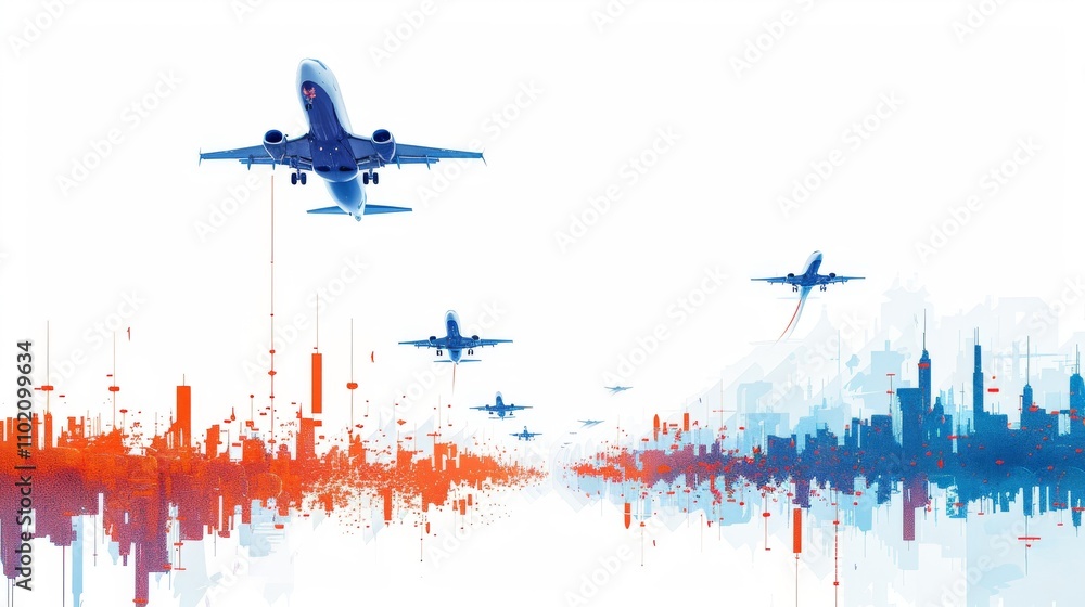 Poster airplanes soar over an abstract cityscape that merges with a color gradient of red and blue tones. t