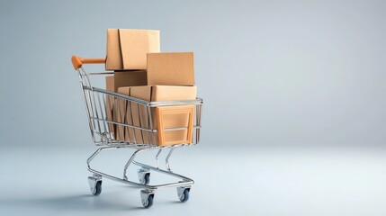 A shopping cart filled with brown cardboard boxes on a smooth, light surface, symbolizing the concept of online shopping and e-commerce transactions.