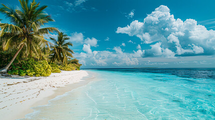 Fototapeta premium Beautiful tropical beach with white sand, palm trees, and turquoise ocean against a blue sky. Perfect landscape for a relaxing vacation.