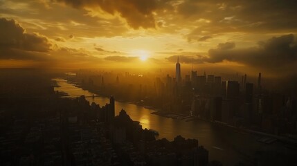 Aerial view of Manhattan at sunset shows glowing skyscrapers and the Statue of Liberty's silhouette.