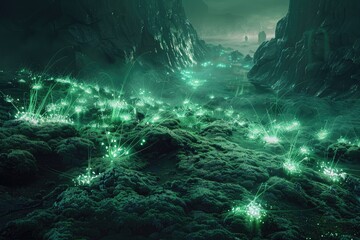 Eerie Glow in a Mystical Valley with Glowing Plants and Misty Rocks